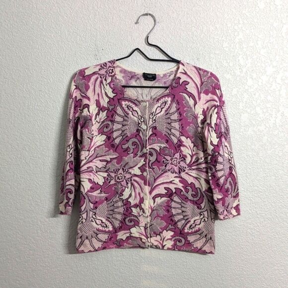Talbots Petite Pure Cashmere Purple Gray Floral Cardigan Sweater 3/4 Sleeve SP - Picture 2 of 8